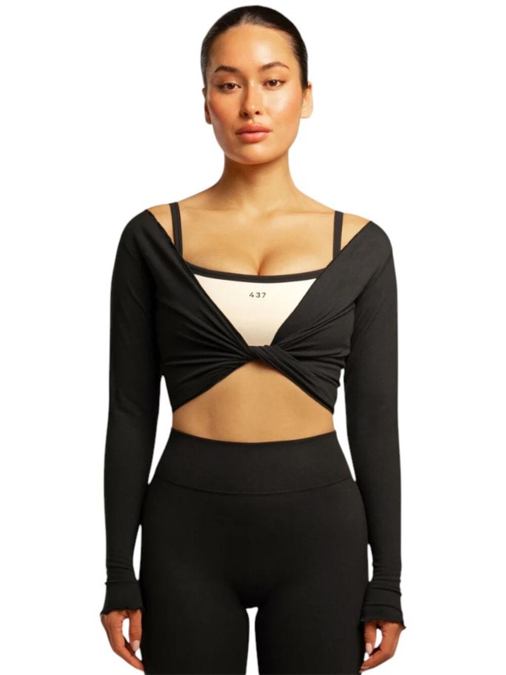 437 Black Long Sleeve Multi Style Multi Wear V Neck Wrap Top